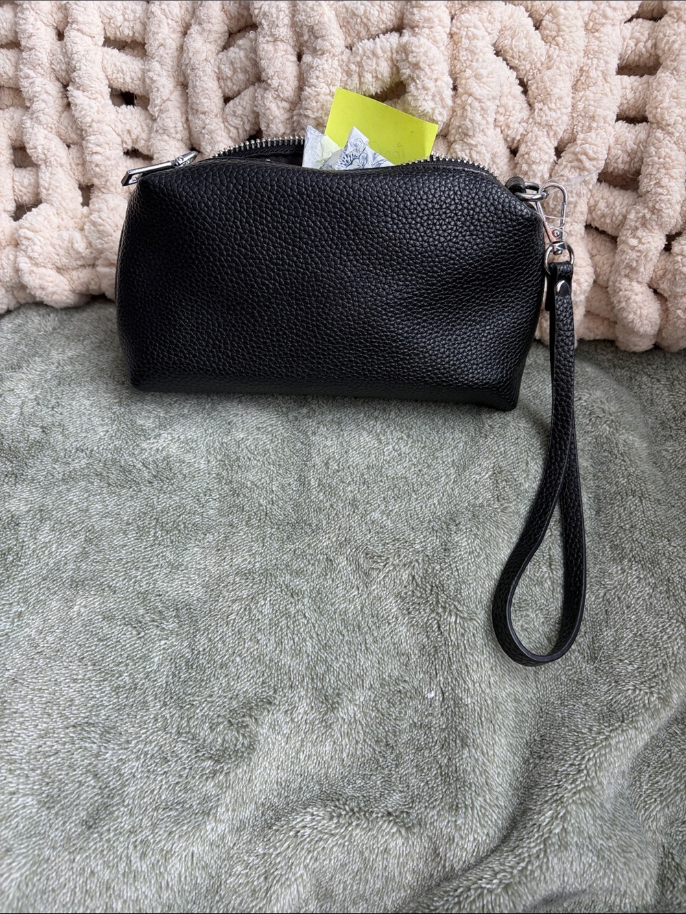 Black Pebbled Leather Wristlet Pouch